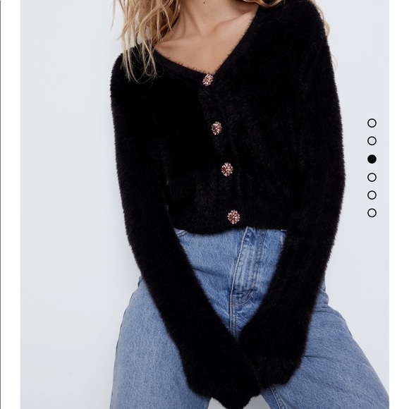 Zara faux fur cardigan black jewel button large - Picture 4 of 6